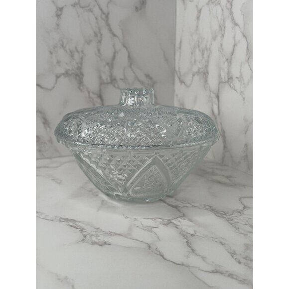 KIG Vintage Clear Fleur de Lis Pattern Cut Glass Round Dish With Lid - Picture 2 of 6